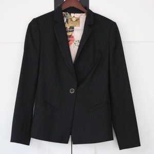 Ted Baker black wool suit, three pieces (blazer, pants, skirt), size 4